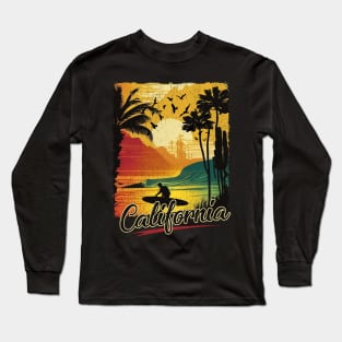 California Retro Vintage Poster Style Sunset Surfer Long Sleeve T-Shirt